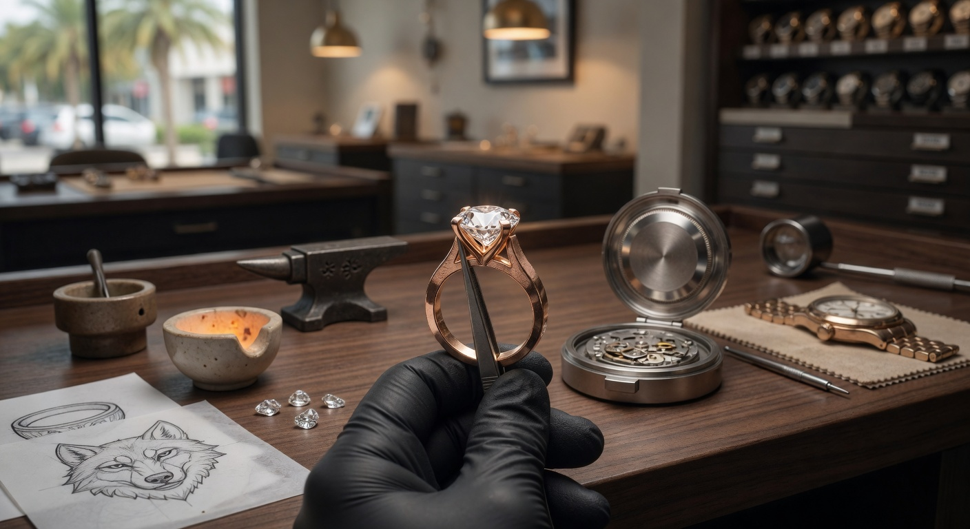 A Swiss luxury watch being serviced under the loupe at Wolf Fine Jewelers